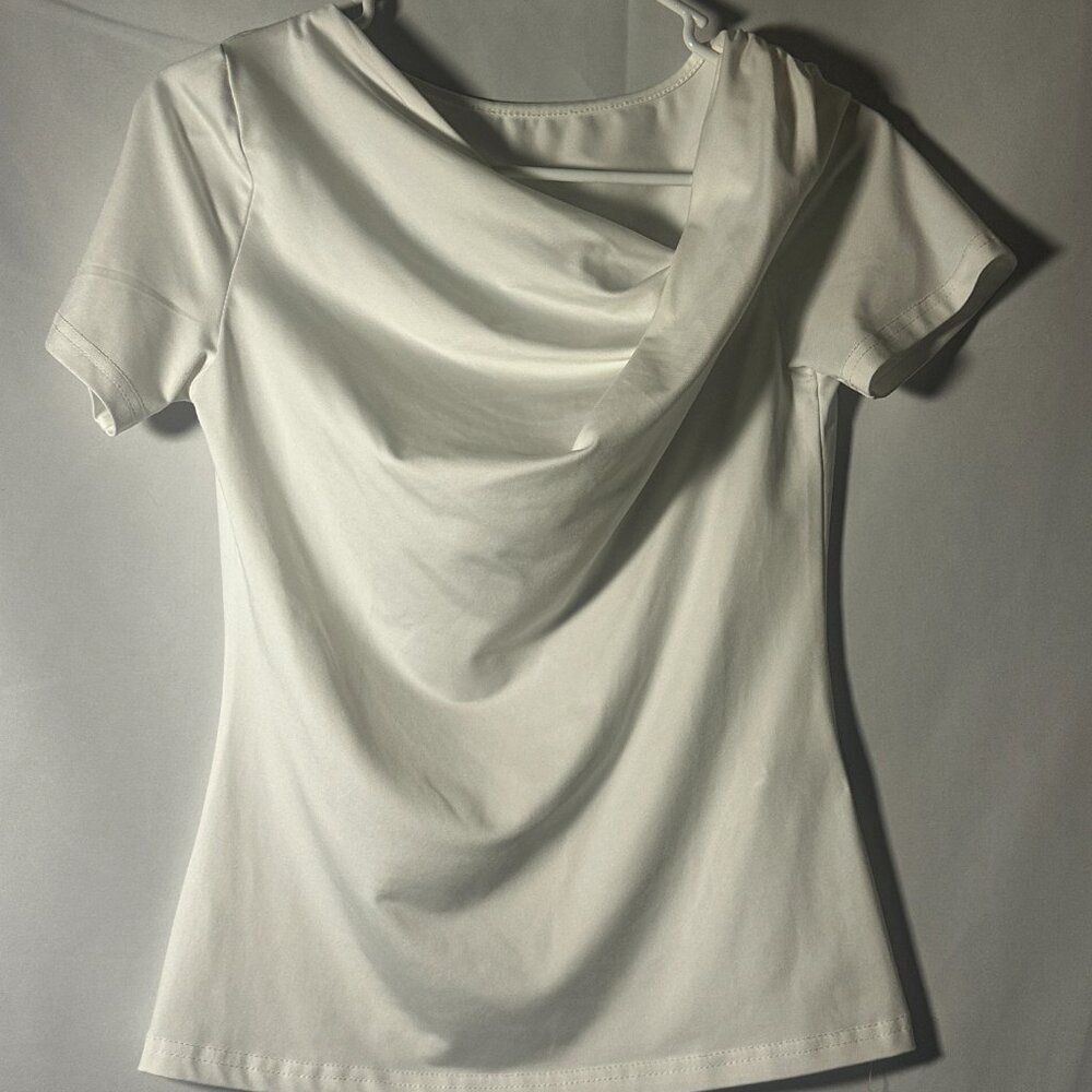 SHEIN White Draped Cowl Neck Top Size S Short Sleeve Stretch Blouse